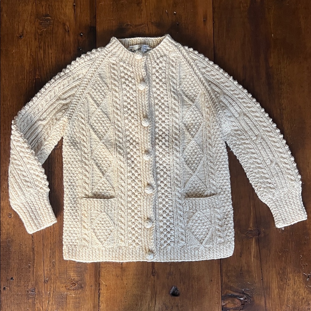 Traditional Irish Handknit Cream Cable-Knit Button Cardigan Sweater